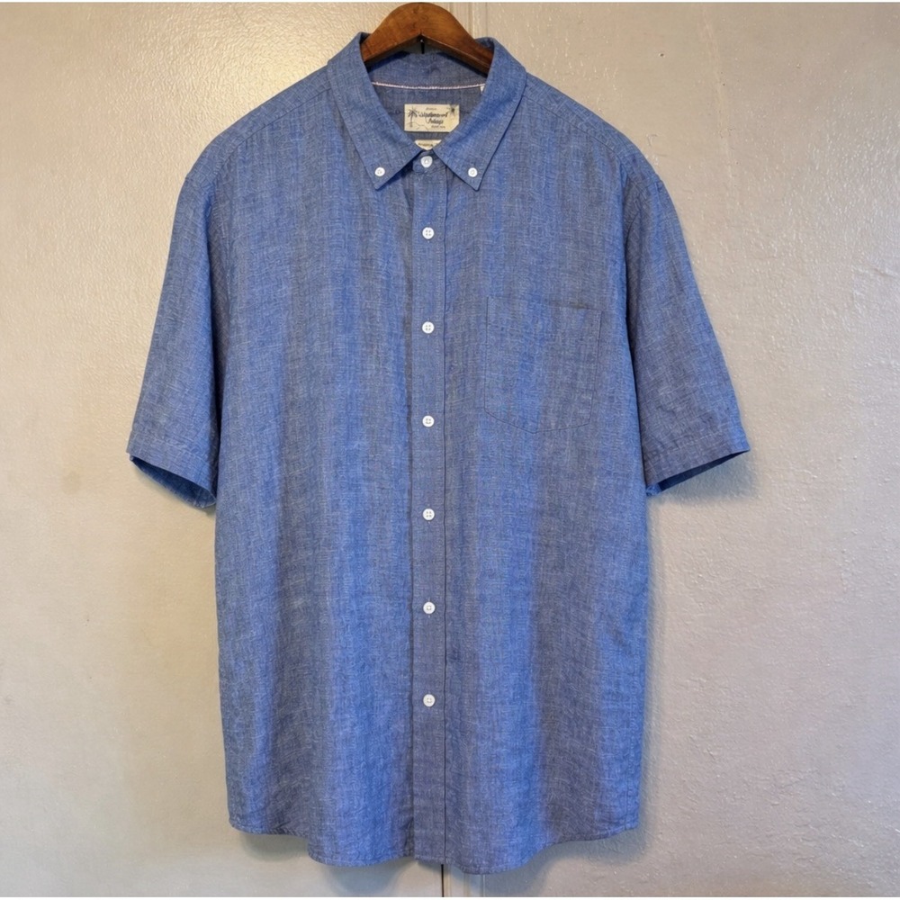 Linen Men's 2X Blue Stripe Button Down Shirt Relaxed Weatherproof Vintage